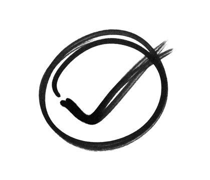 Check mark inside circle, hand-drawn brush stroke tick symbol, approval verification success icon, isolated on white background