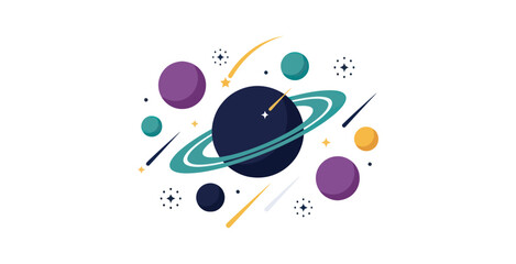 Flat Space Vector Illustration with Planets and Stars © Felisa