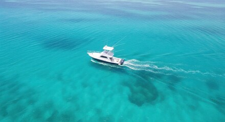 Naklejka premium A white fishing boat speeds across crystal clear turquoise ocean waters under a bright sky