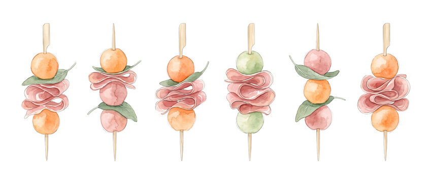 Watercolor prosciutto melon skewer appetizer set isolated on black background for gourmet restaurant catering menu design, elegant hand drawn Italian antipasto tapas food illustration with basil.