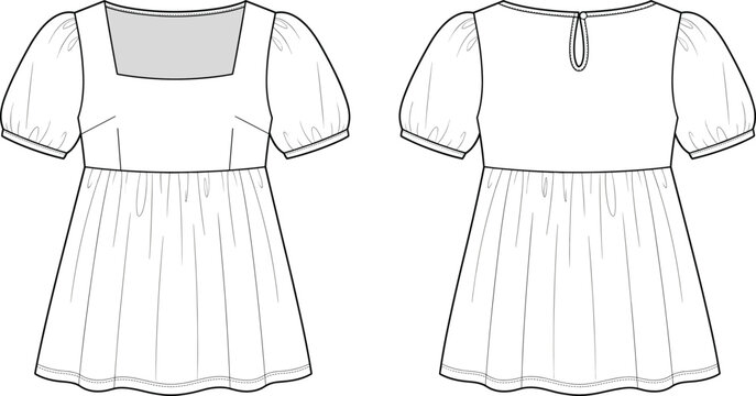 Puff sleeve square neck top tech pack technical sketch vector illustration with front and back views