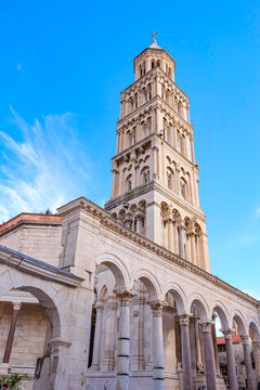 Closeup and detail zoom in of the Romanesque bell tower of the Cathedral of Saint Domnius and Diocletian's Palace in Split old town, Croatia 