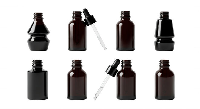 dark glass dropper bottles set product layout on white background cosmetic or pharmaceutical packaging promoting skincare or medicine