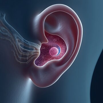 3D cutaway of human ear anatomy. Detailed medical illustration of the inner cochlea structure.