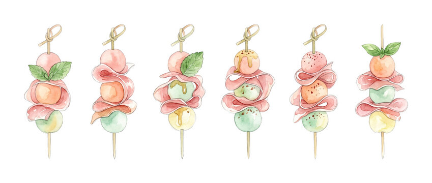 Melon prosciutto skewers watercolor clipart set of gourmet Italian canape appetizers with cantaloupe balls and prosciutto ham on wooden skewers, elegant party food illustration on black background.
