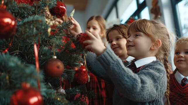 children hanging ornaments on school Christmas tree, cheerful classroom,