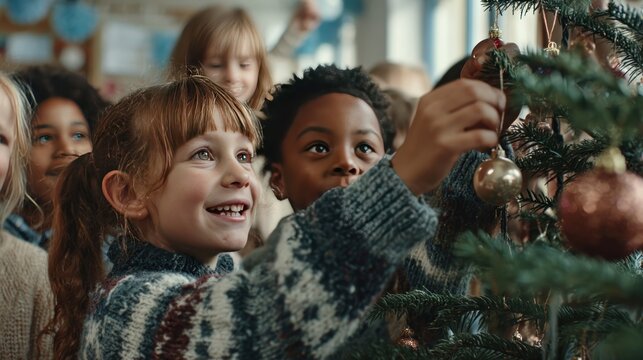 children hanging ornaments on school Christmas tree, cheerful classroom,