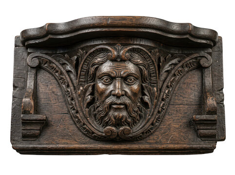 Ancient wooden corbel with carved man face isolated on transparent background. Architectural element for historic.