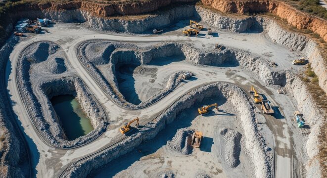 Aerial view of a large-scale rock quarry with multiple excavators and trucks operating within layered earth formations
