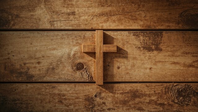 Wooden cross on a wooden background. Religious symbol. Faith and spirituality. Christianity. The concept of religion and belief.