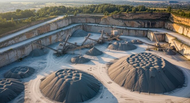 Aerial view of an expansive stone quarry with large aggregate stockpiles and industrial machinery, showcasing a bustling construction material extraction site during daylight.