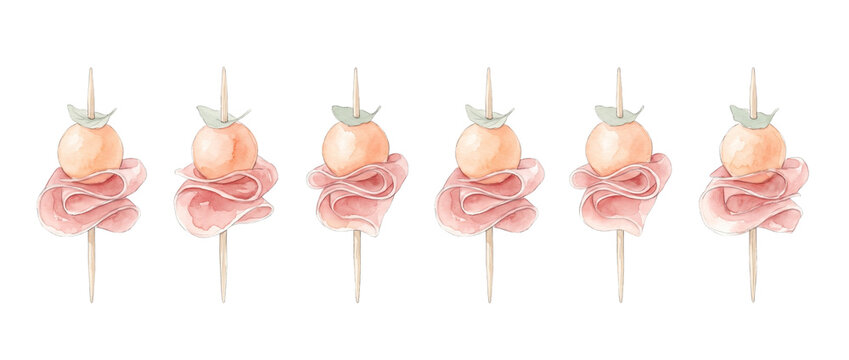 Prosciutto melon skewers watercolor art of Italian appetizers isolated on white background. Gourmet cantaloupe ham party food snack elements, hand painted elegant catering buffet culinary watercolor.