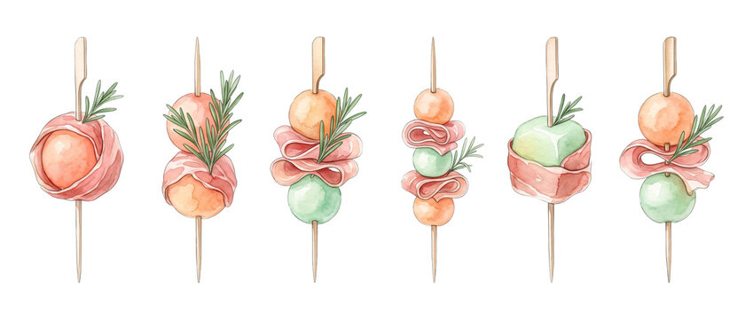 Prosciutto melon skewers watercolor appetizer set, gourmet Italian cantaloupe ham canapes with fresh rosemary on wooden toothpick, elegant catering food illustration isolated on black background.