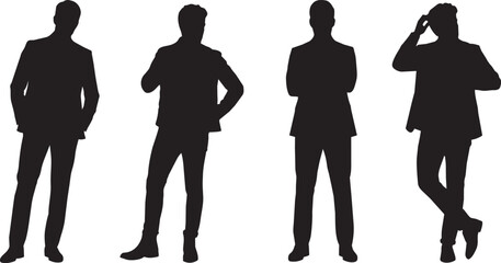Four Stylish Men in Dynamic Fashion Poses Silhouette Photo  Silhouette photograph of four fashionable men in suits and jackets striking dynamic editorial poses, including adjusting a collar, arms  © DARKLORD