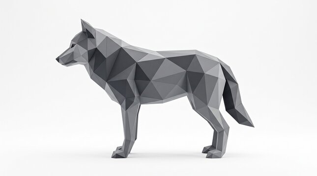 Abstract geometric wolf model standing in profile view on white background with low poly wolf standing side illustration illustrator technology