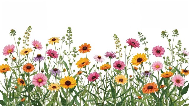 Colorful wildflowers with pink, orange, and purple blooms, along with green foliage. Bright and lively floral scene.