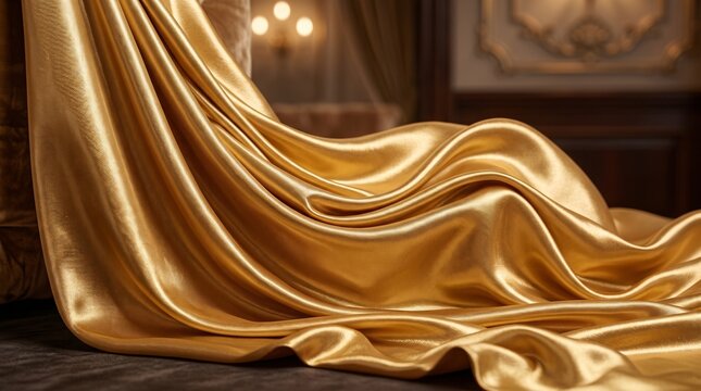 Elegant Golden Fabric Draped on Dark Surface in a Classic Room