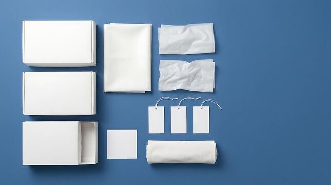 Flat lay arrangement of neatly folded clothing packaging materials including white boxes and tissue paper on a blue background top down view