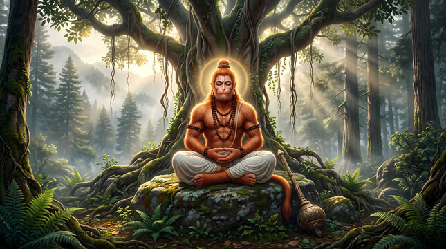 Lord Hanuman Deep Meditation Under a Sacred Tree, Mystical Forest Hindu Digital Artwork