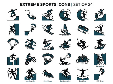 Extreme Sports Vector Icons Set for Adventure and Outdoor Recreation Activities Design