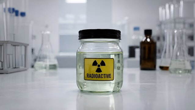 Radioactive Liquid in Small Glass Jar with Warning Label in Laboratory Setting