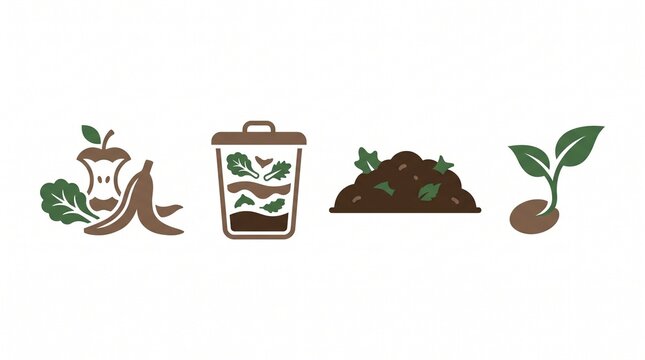 Composting cycle vector icons. Organic waste recycling process and soil fertilization symbols.