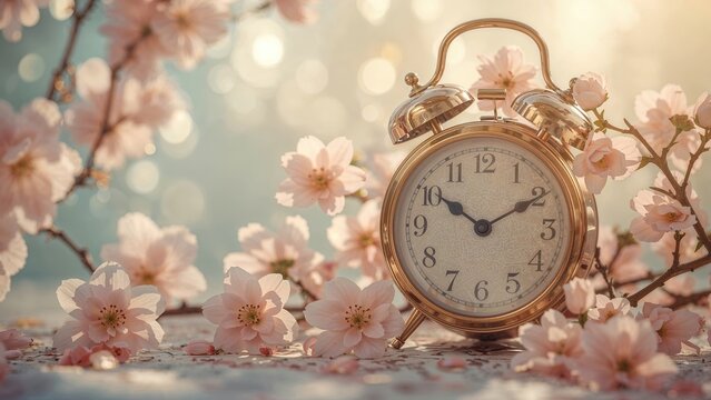 Alarm clock with pink cherry blossoms in the background, soft daylight. Wake-up time and morning alarm, floral and spring theme. Time and nature connection.