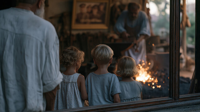A family of four watches through a blacksmith shop window as a master smith pounds a bracket on an anvil in an industrial forge, sparks scattering across a soot-darkened floor, a