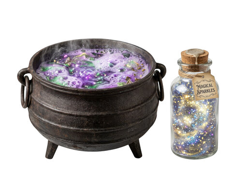 Witch cauldron with magic potion and sparkly sparkles bottle isolated on transparent background. Halloween concept.