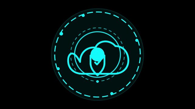 Futuristic digital HUD interface featuring a glowing cyan cloud computing icon with a geolocation map pin marker on a dark black background
