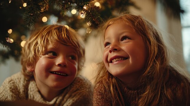 children laughing around Christmas tree