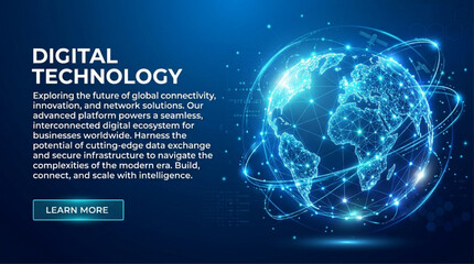 Digital Technology Web Banner with Glowing Planet Earth Network Infrastructure © Shamim