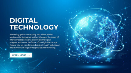 Digital Technology Web Banner with Glowing Planet Earth Network Infrastructure © Shamim