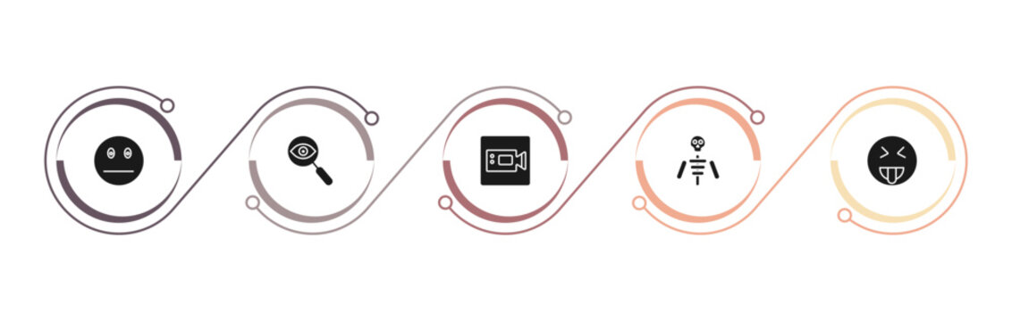 filled user interface icons set - sceptic smile, detective search, facetime, anatomy class skeleton. editable vector for web and mobile ui