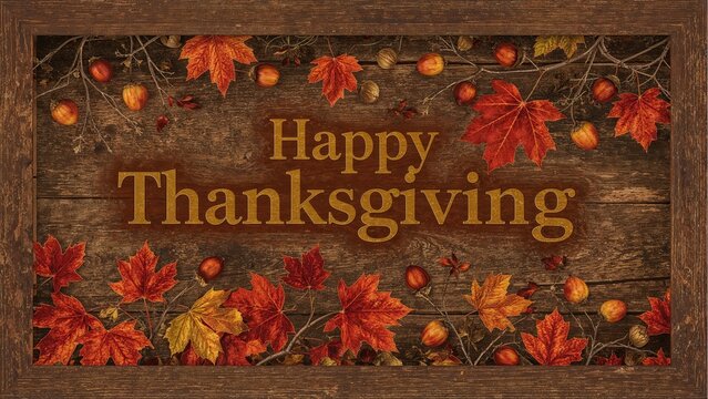 Happy Thanksgiving with autumn leaves and acorns on a wooden background.