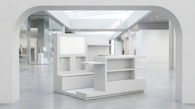 Modern Retail Display Kiosk for Product Showcase and Merchandising in a Brightly Lit Exhibition Hall or Shopping Mall