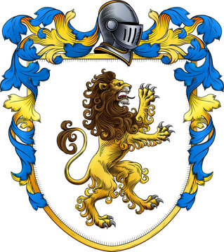 A lion coat of arms or crest family heraldry medieval heraldic knight shield with helmet and acanthus filigree scroll ornament in a vintage woodcut style.