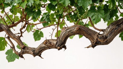 Fototapeta premium A gnarled vine branch with green leaves extending across the image on a plain background.