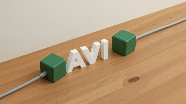 White letters spelling "AVI" connected to green cube-shaped connectors along a cable on a wooden surface.