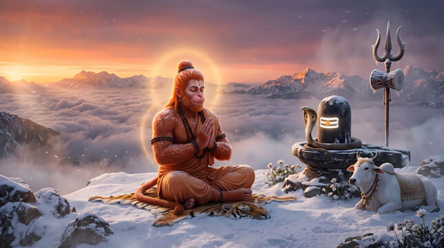 Peaceful Lord Hanuman Meditation with Shiva Lingam at Himalayan Sunrise, Spiritual Digital Art