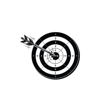 Business goal achievement concept with an arrow striking the bullseye of a dartboard. Accuracy and success concept showing a target with numbers and an arrow in the 