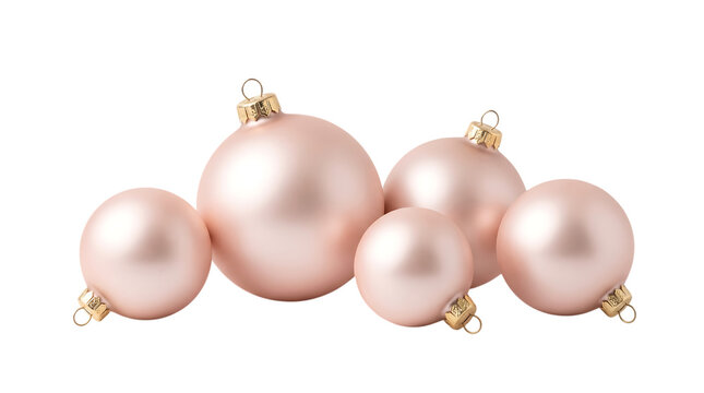 Group of elegant matte pink christmas ornaments isolated on a white background for holiday decoration