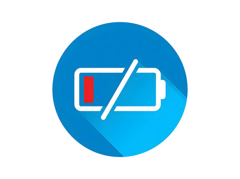 Battery icon with a slash symbol indicating low or no power isolated on transparent background