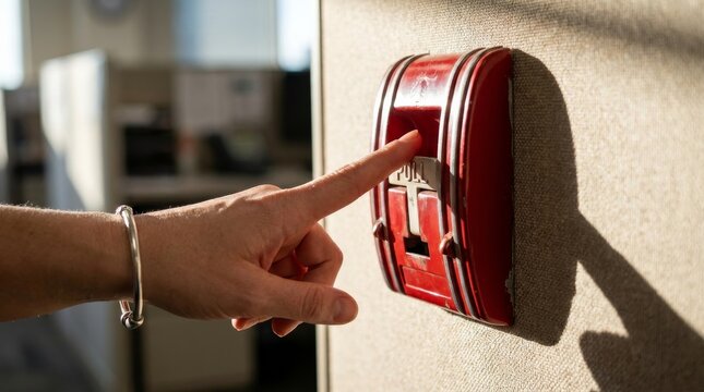 Detailed view of a hand activating a classic fire alarm button within a professional office setting