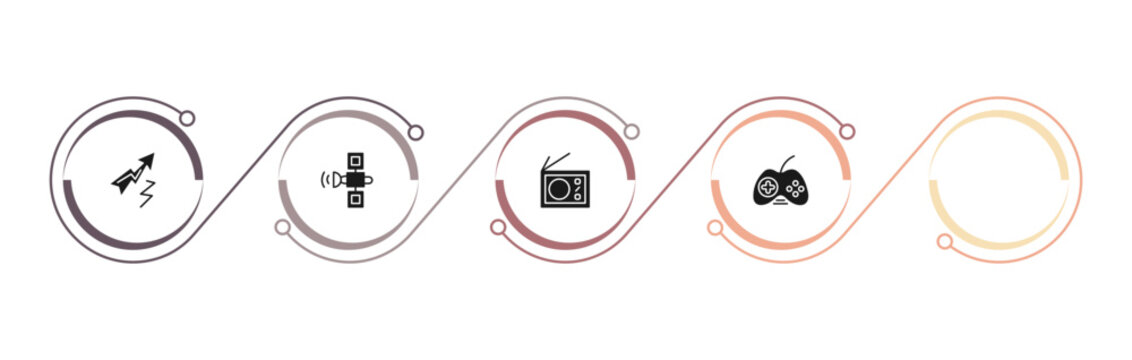 filled technology icons set - lightning arrow, space satellite, radio with antenna, photo camera flash. editable vector for web and mobile ui