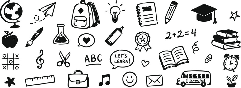 Education themed doodles featuring school supplies books apple pencil backpack globe clock music notes scissors ruler heart smiley face and more
