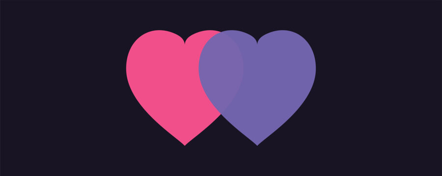 Two interlocking hearts in pink and purple against a dark background symbolizing connection and unity