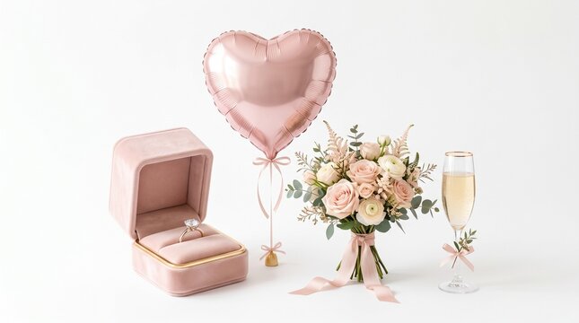 Engagement ring in velvet box with flowers. Romantic proposal setup with heart balloon.