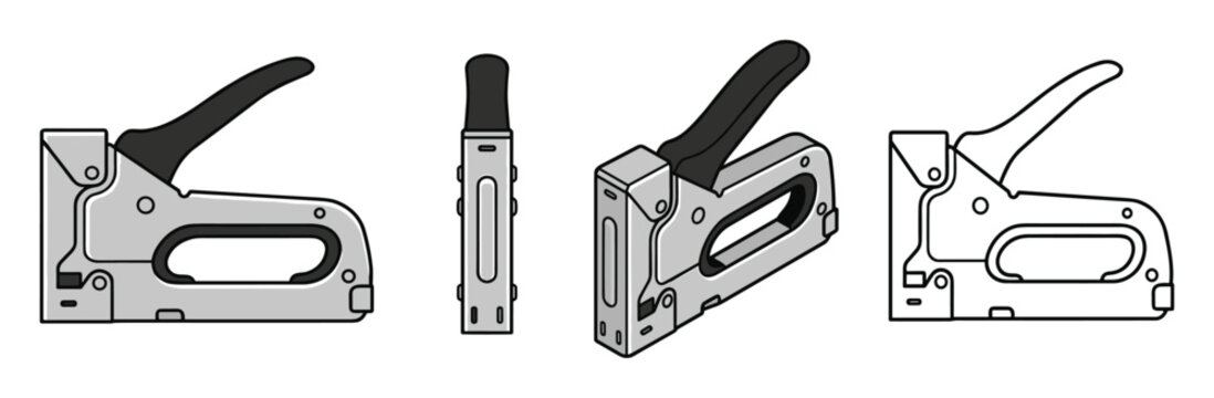 Heavy duty industrial manual staple gun icons in multiple viewpoints