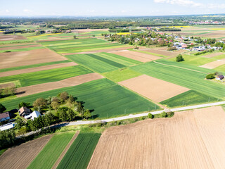 Aerial view of agricultural fields patchwork in rural landscape with village, green and brown farmland parcels divided by country road, concept of sustainable farming © daily_creativity
